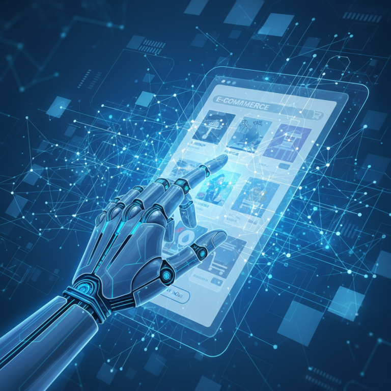 AI artificial intelligence transforming e-commerce with neural network and shopping interface