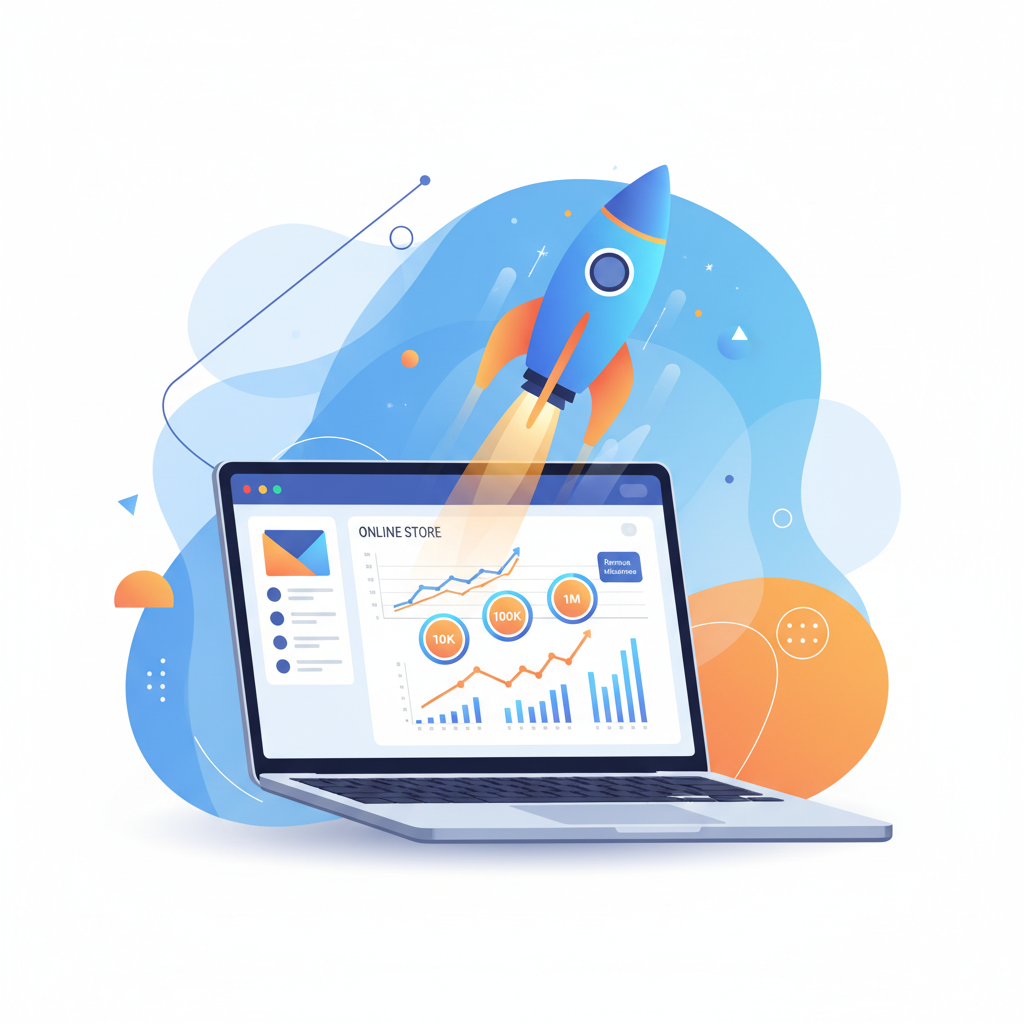 E-commerce growth rocket launching from laptop showing revenue milestones