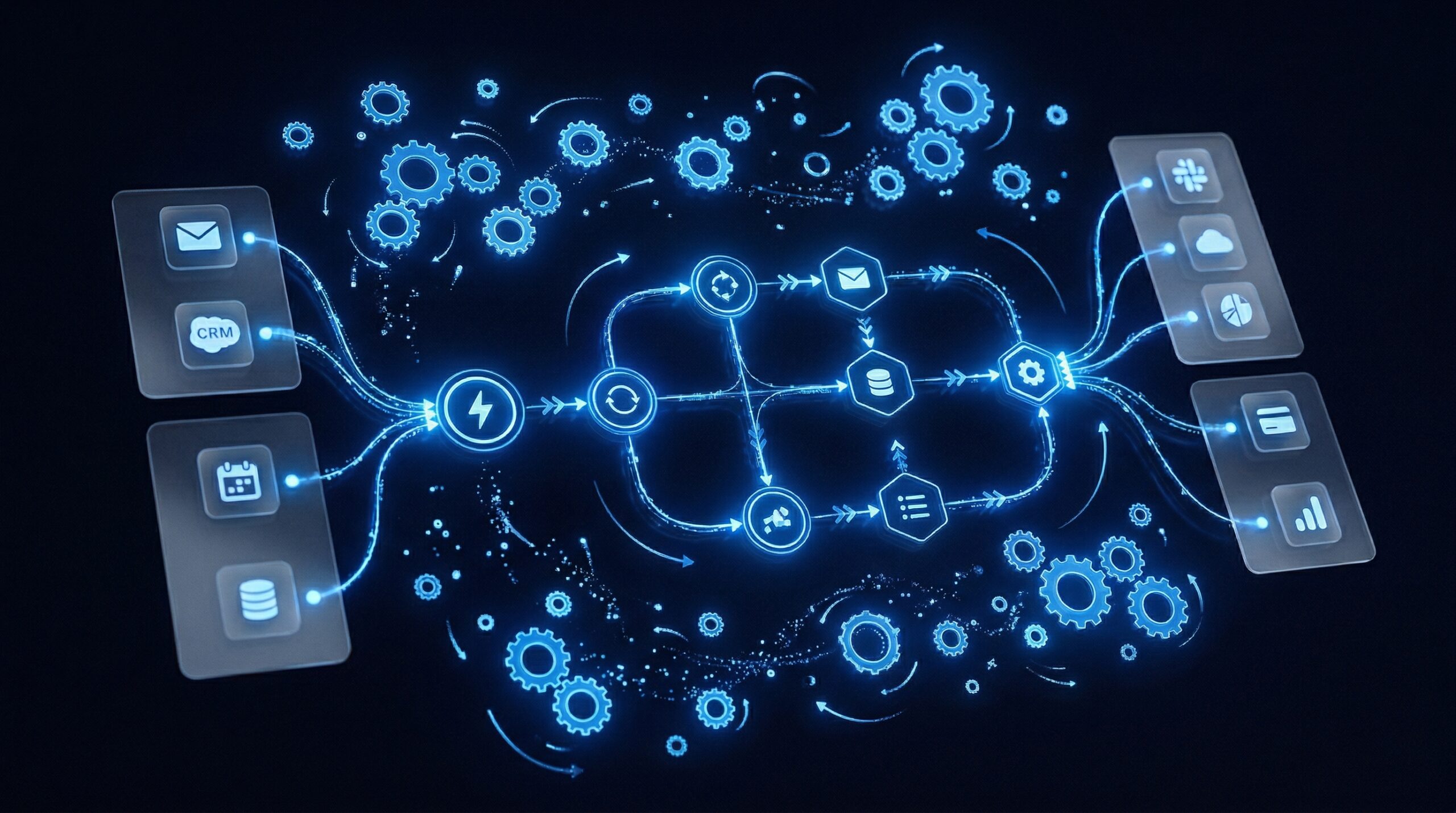 Abstract business automation workflow with connected integrations