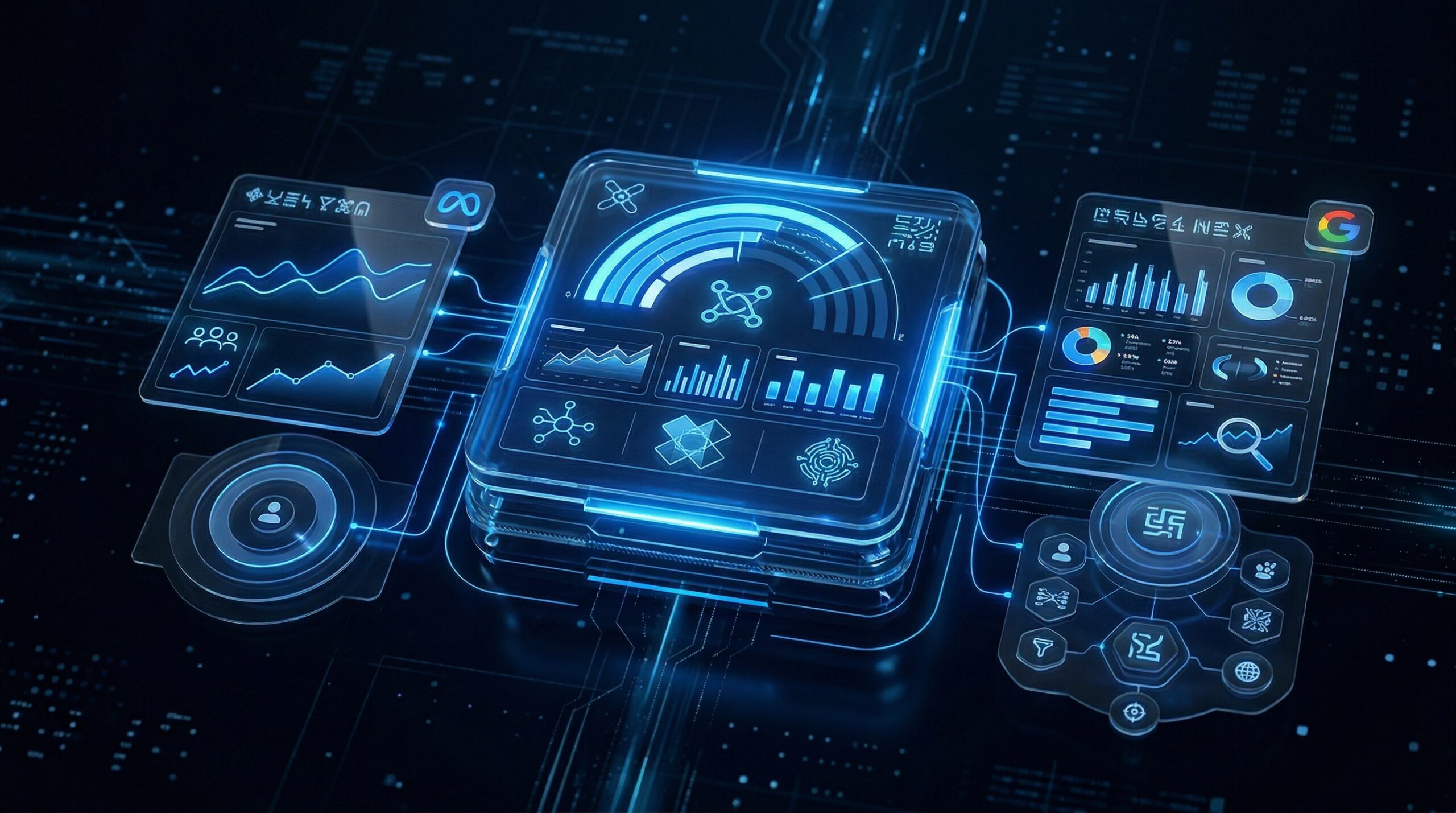 Abstract paid advertising campaign dashboard with ROAS metrics