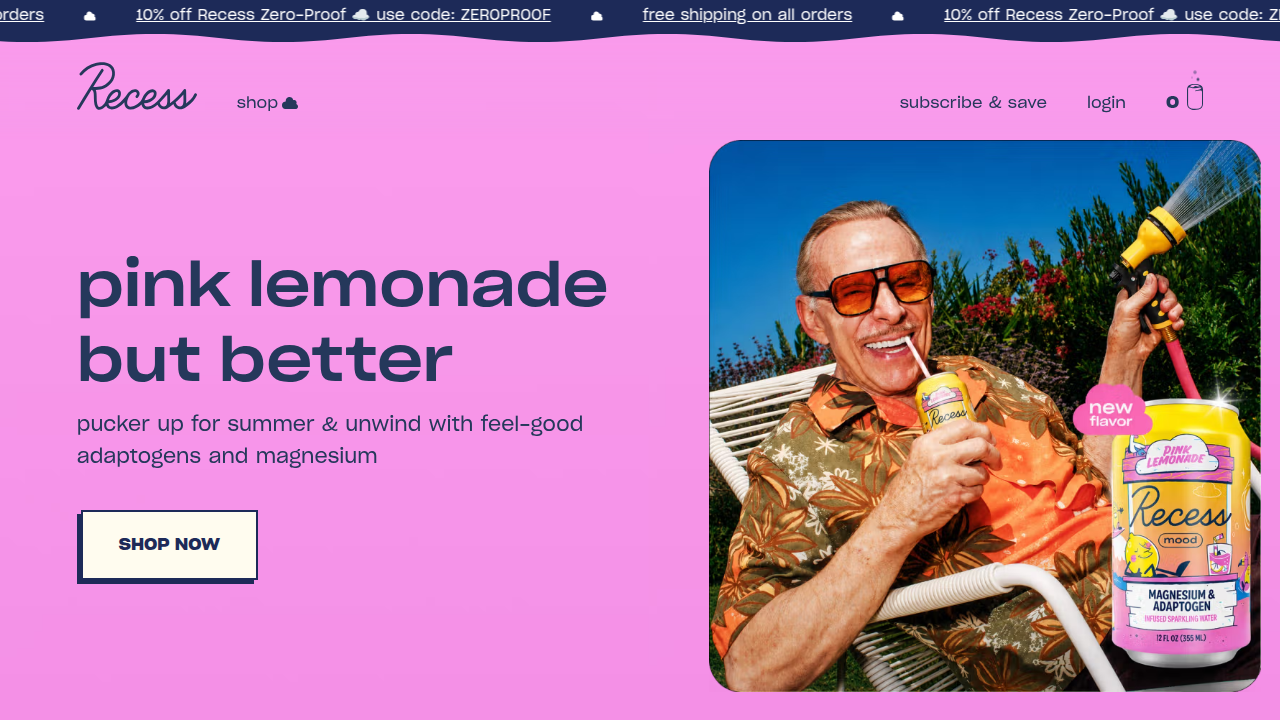 Recess homepage. Top banner already shows a public 10% off code (ZEROPROOF) to every visitor, logged in or not.