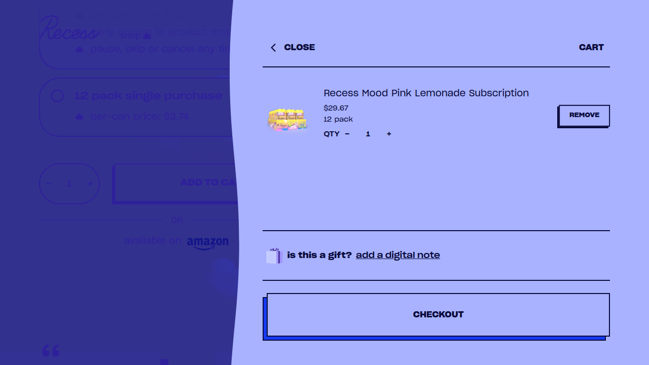 Cart confirmed: Recess Mood Pink Lemonade 12-pack subscription, $29.67, left unpurchased.