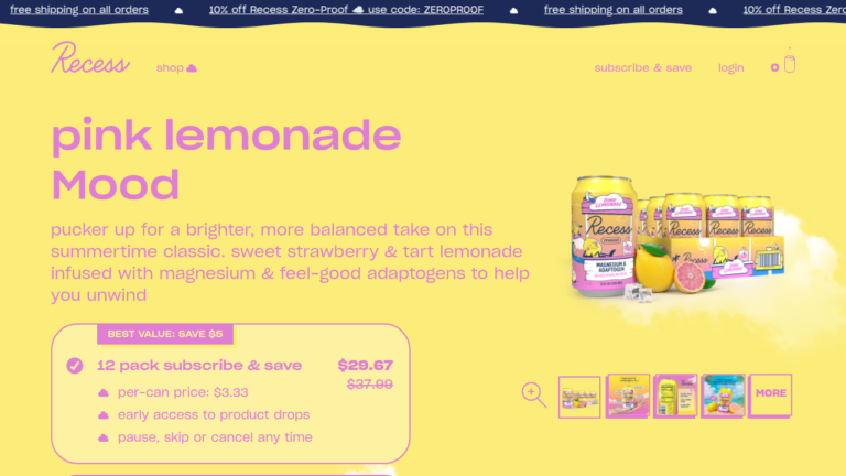 Recess homepage showing a public 10% off discount code in the top banner, above the footer email signup form